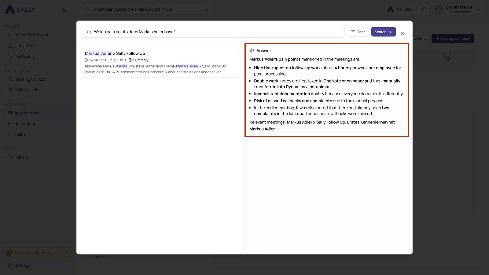 Sally search window with the list of hits on the left and the highlighted AI answer on the right