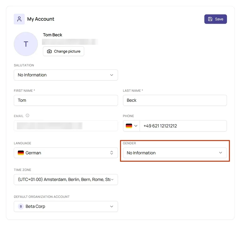 My Account tab with the Gender field highlighted