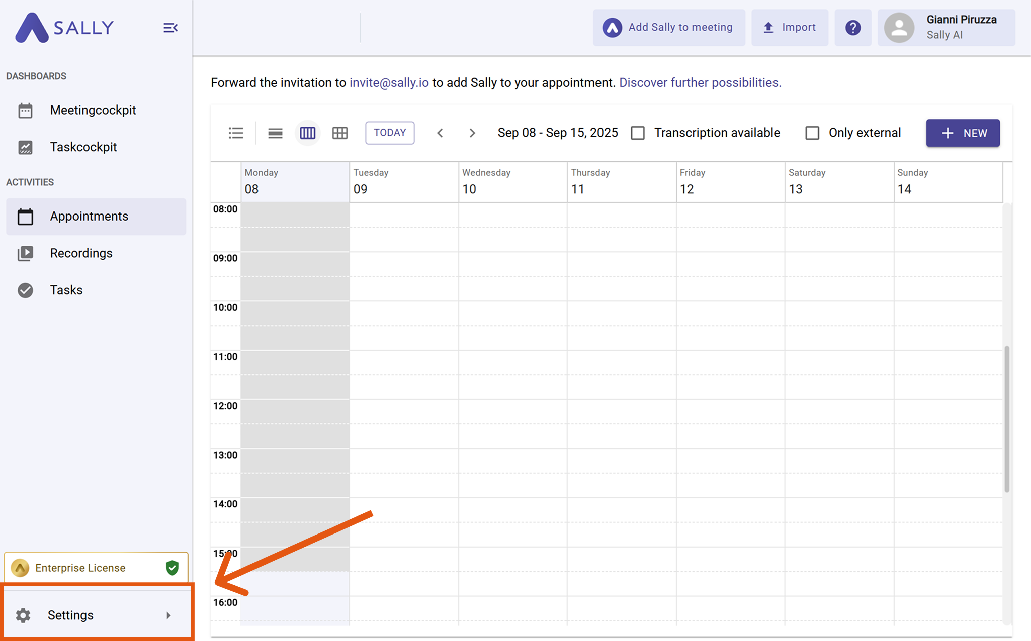Sally interface with Settings highlighted in the left sidebar