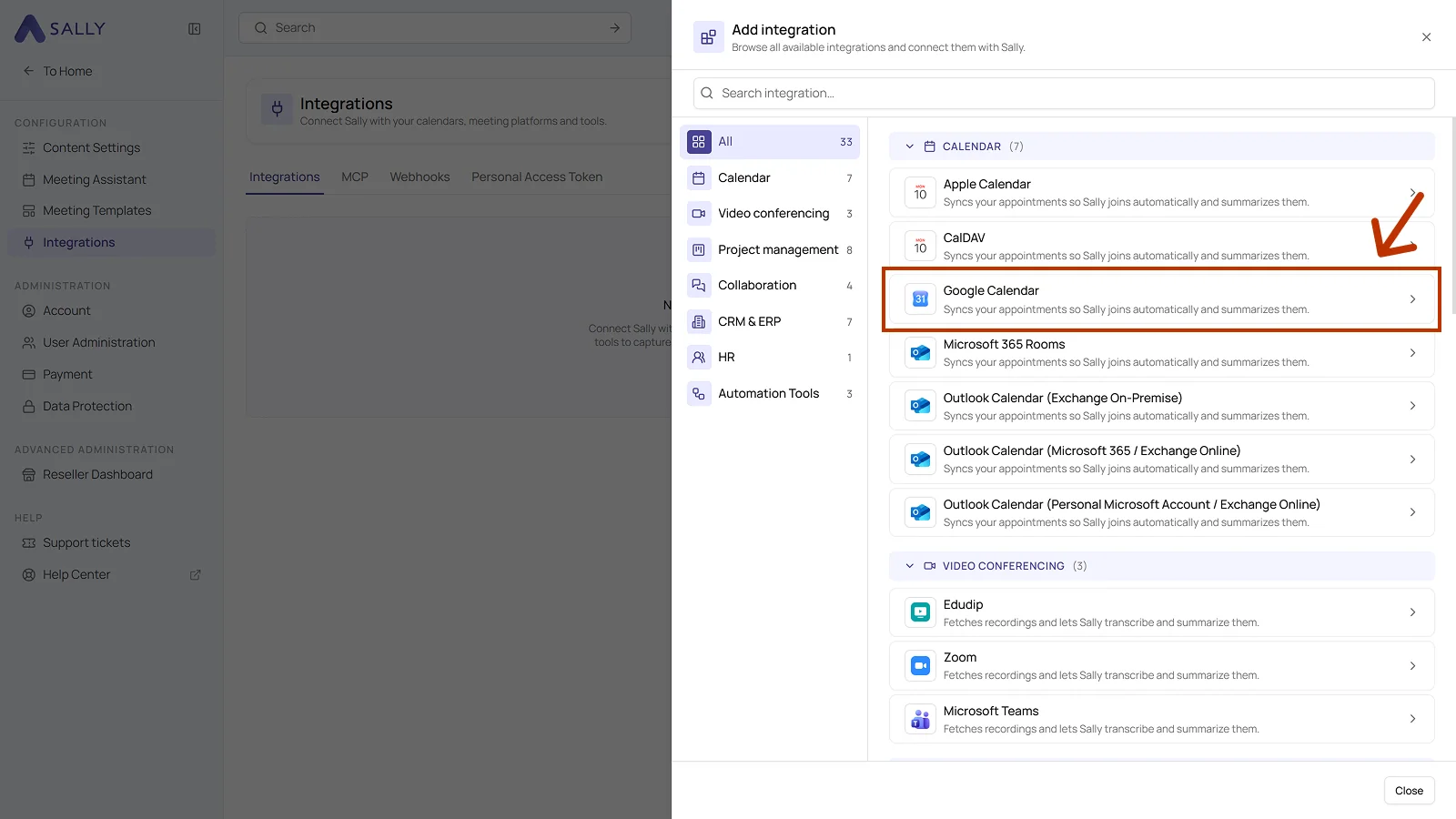 List of all available integrations in Sally with the Google Calendar entry highlighted