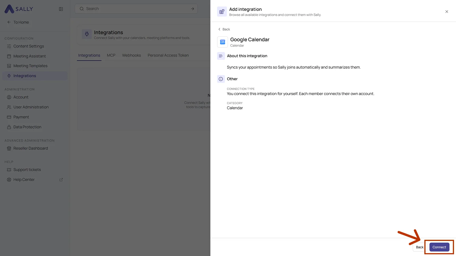 Detail view of the Google Calendar integration with the Connect button highlighted in the bottom right