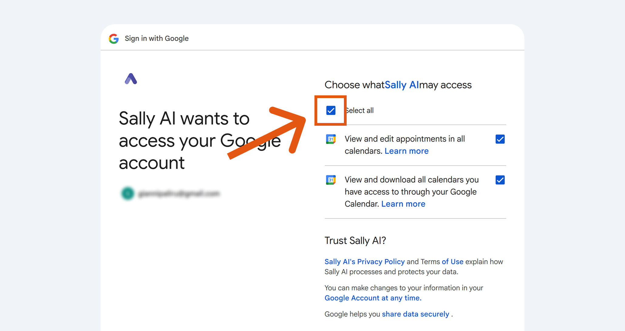 Google sign-in screen with Select all checkbox highlighted