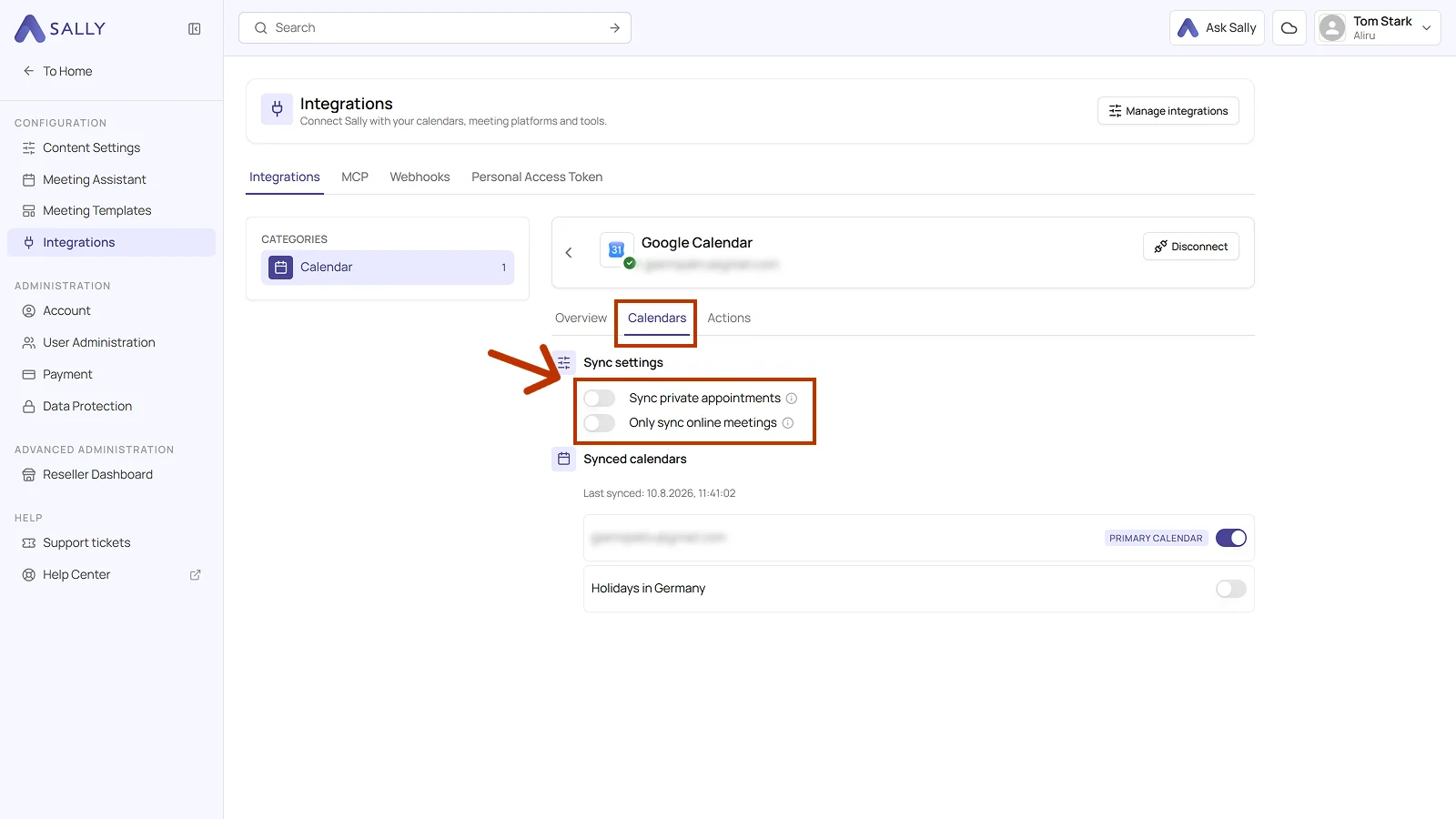 Calendars tab of the integration with the sync settings and the synced calendars