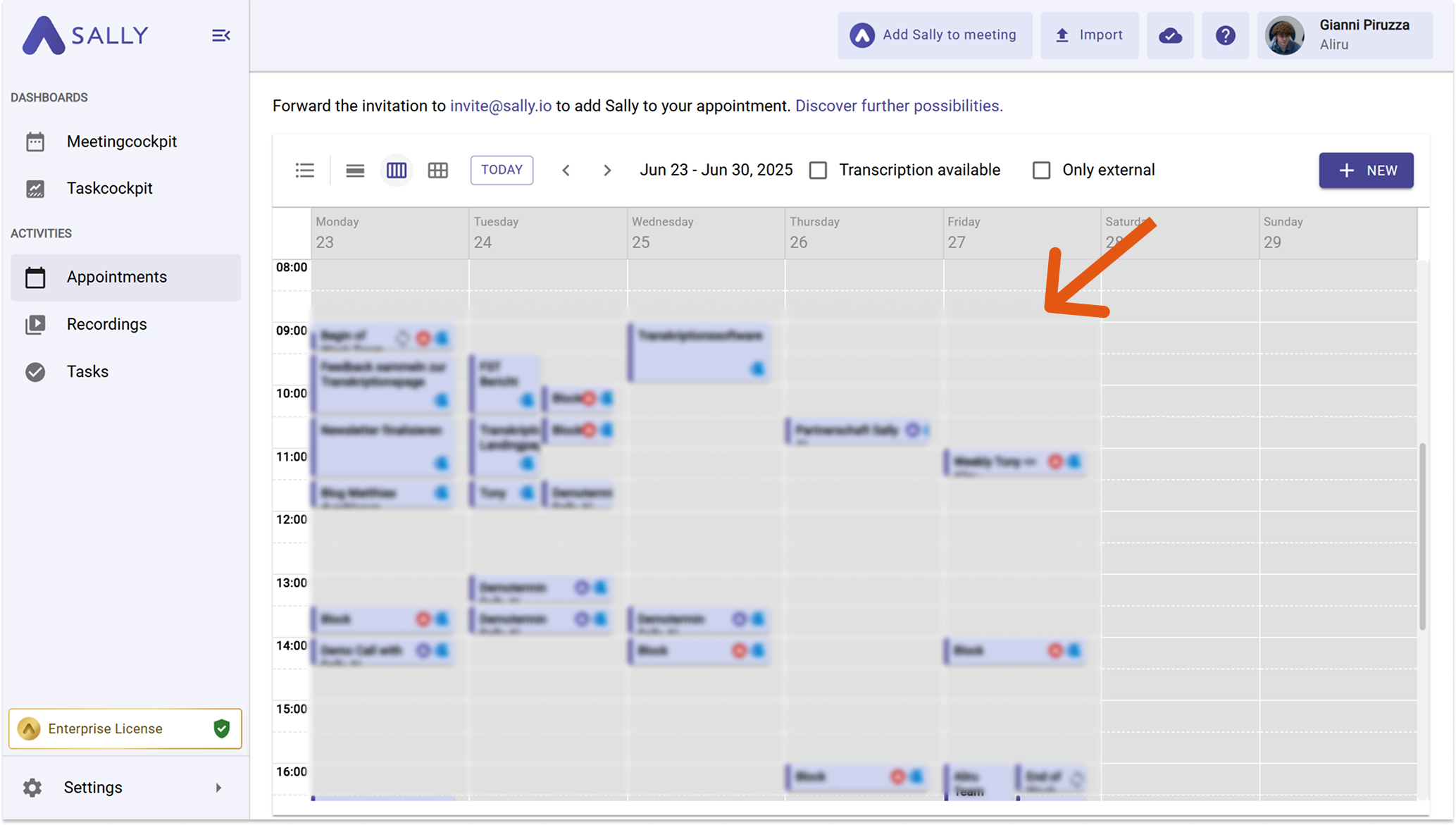 Sally calendar view showing Google Calendar events