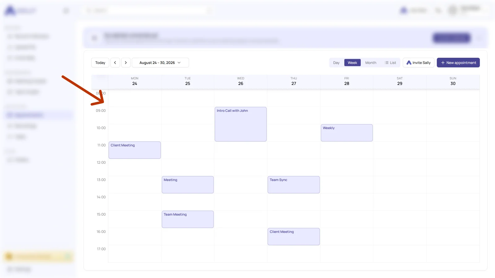 Sally appointment view with the appointments synced from Google Calendar
