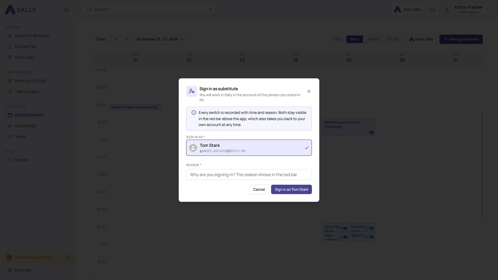 Sign in as substitute dialog with the person to sign in as, the required reason field and the sign in button