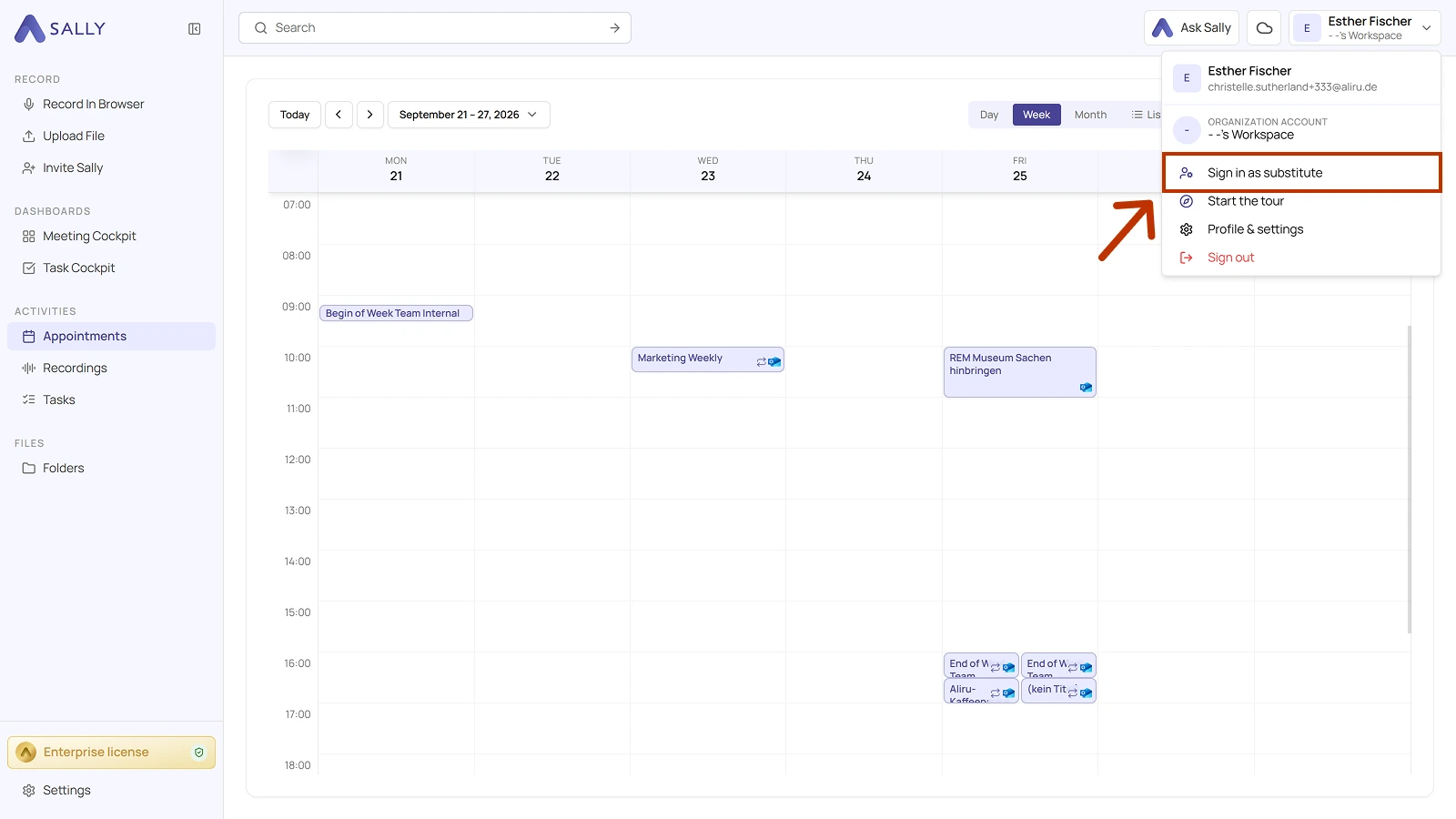 Sally account menu in the top right corner with the Sign in as substitute entry highlighted