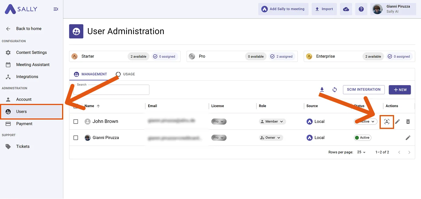 Sally user administration list with the impersonation icon in the Actions column highlighted