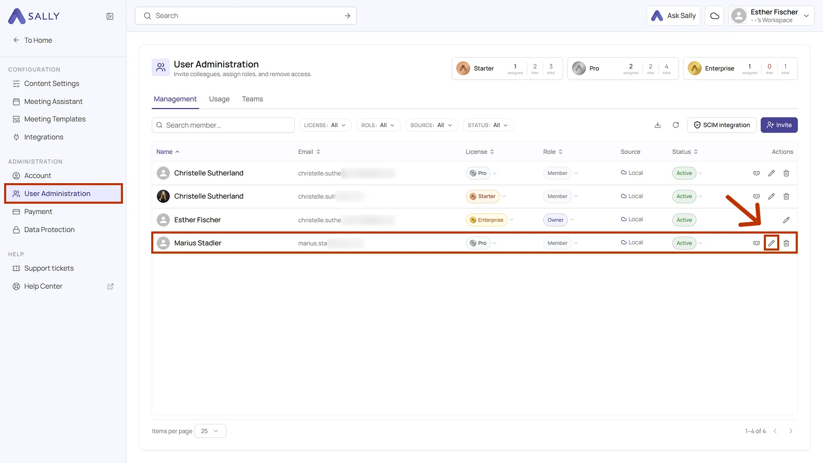 User Administration with the pencil icon in the Actions column highlighted