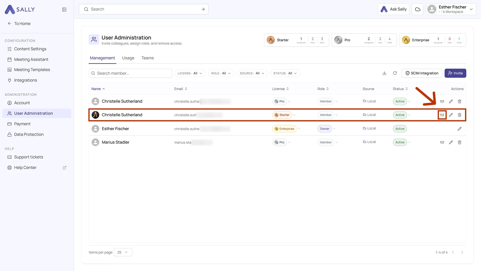 User Administration with the mask icon in the Actions column highlighted