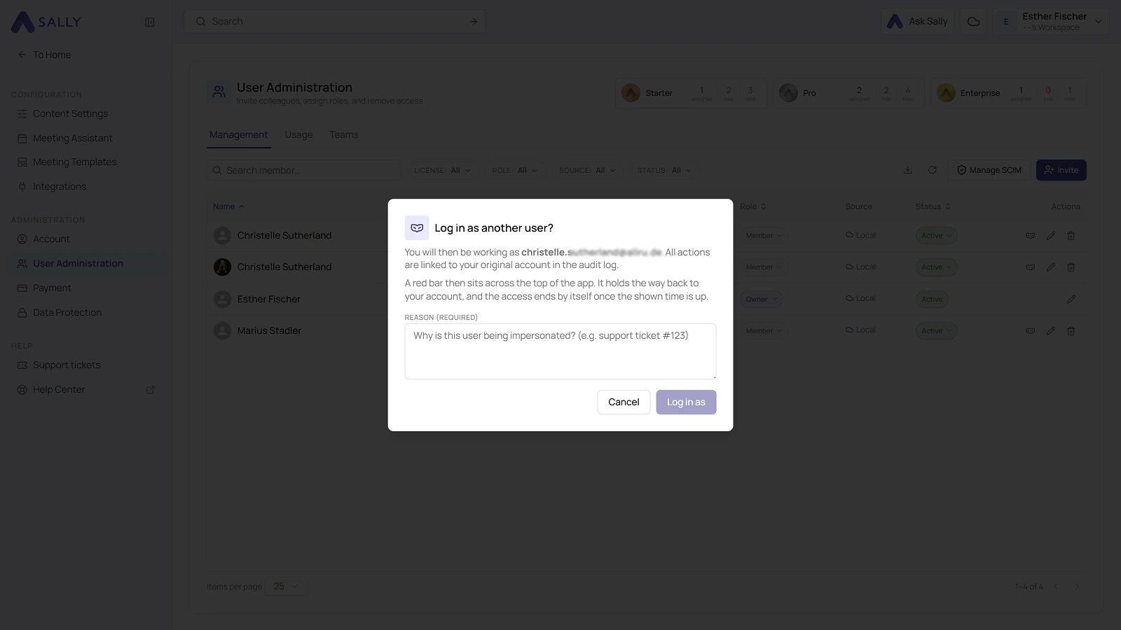 Log in as another user dialog with the required reason field and the Cancel and Log in as buttons