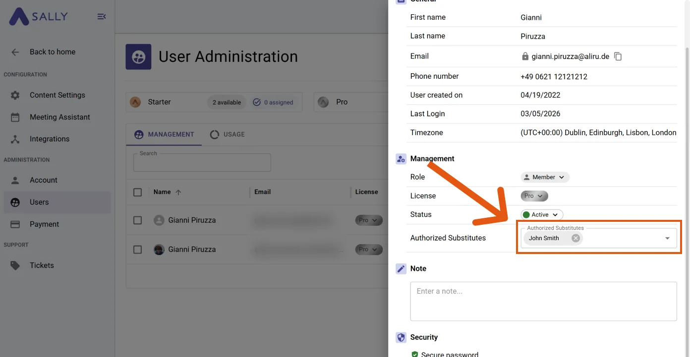 Sally user profile with the 'Authorized Substitutes' field populated with selected users