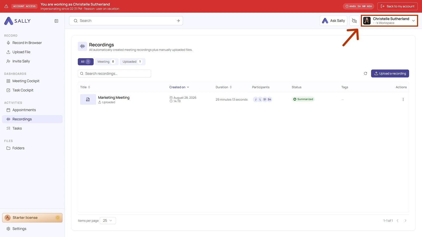 Sally with the red account access bar across the top and the impersonated person's name highlighted in the top right