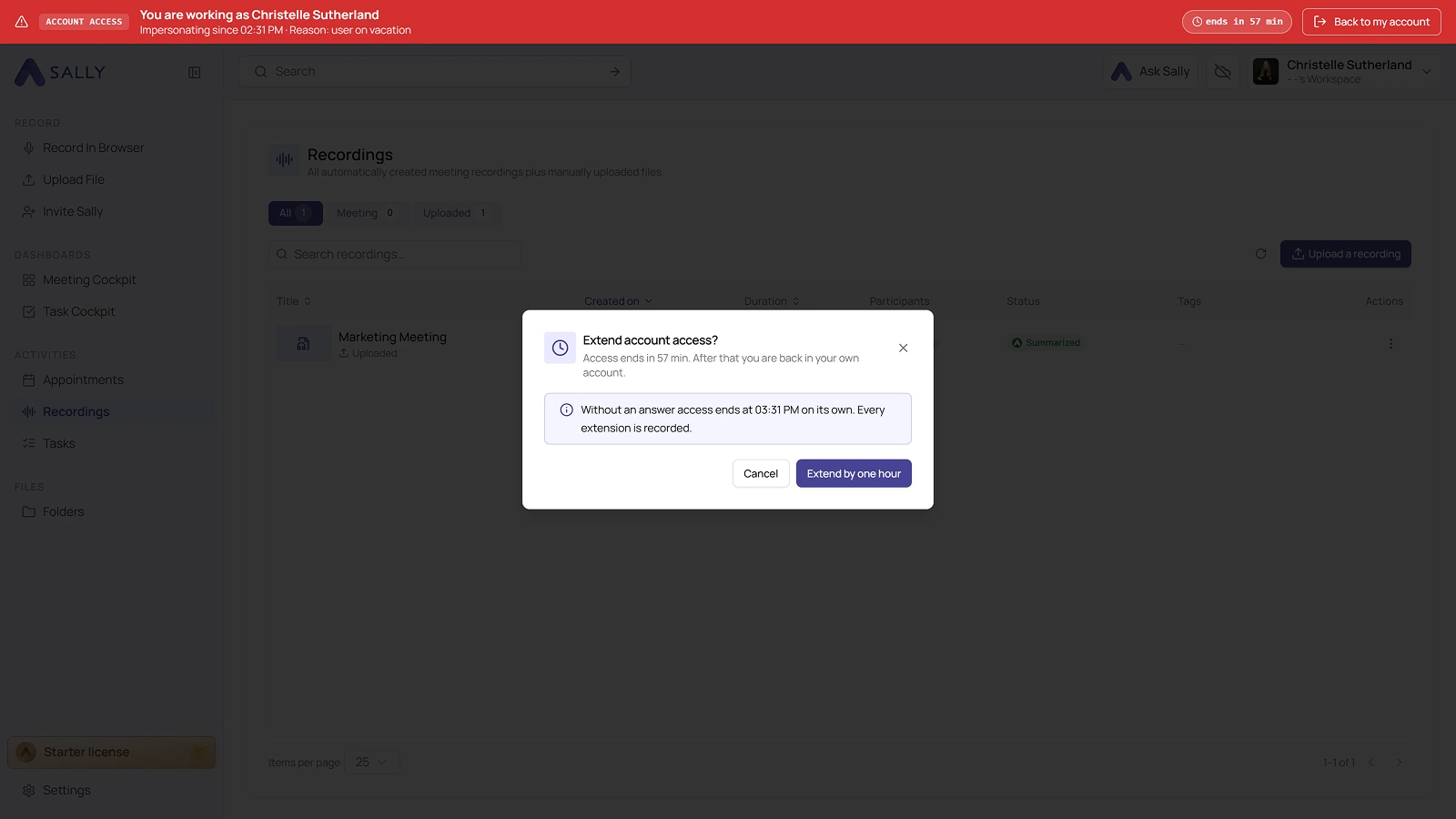 Extend account access dialog with the Cancel and Extend by one hour buttons