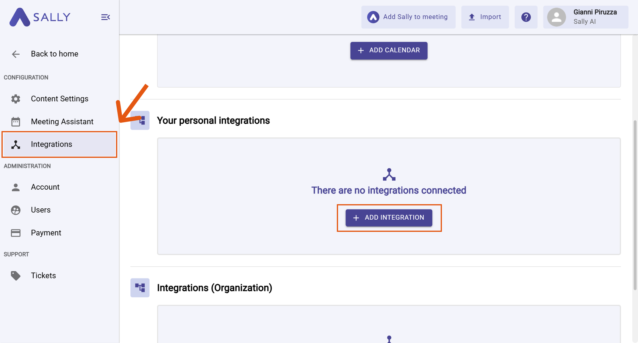 Open Integrations and click Add integration