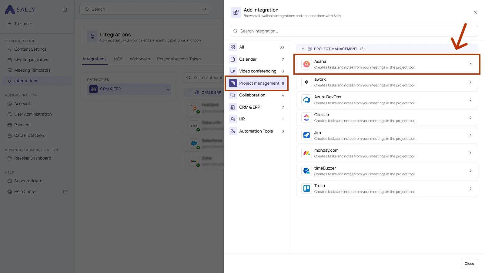 Add integration dialog with the Project management category and the Asana entry highlighted