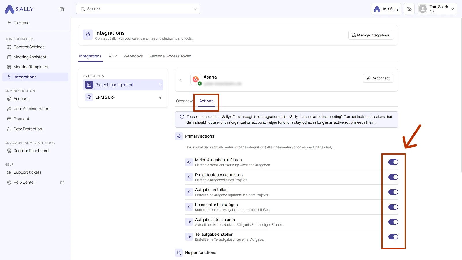 Actions tab of the connected Asana integration with the toggles for the primary actions