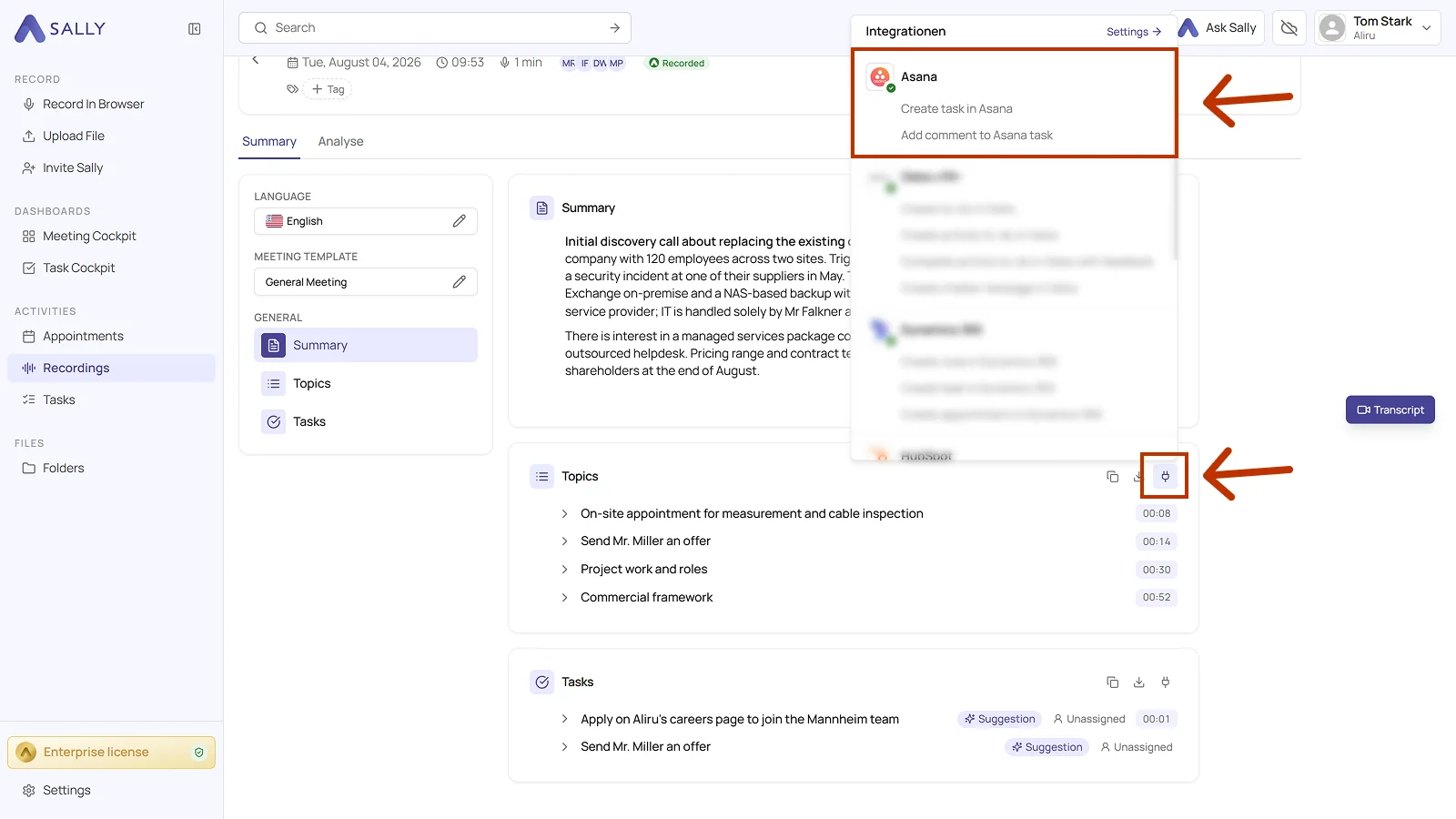 Recording in Sally with the Integrations menu open and the two Asana actions