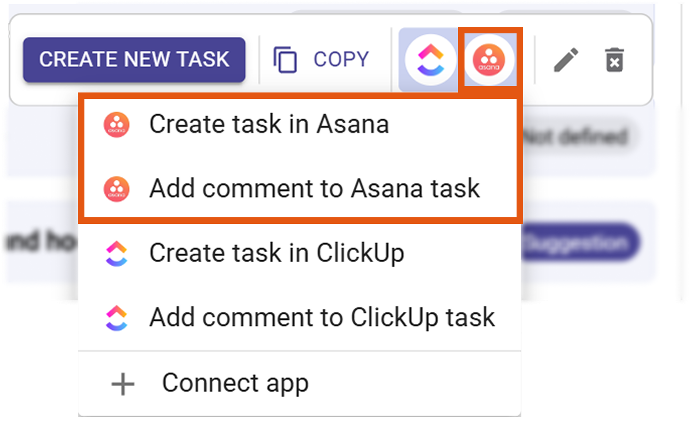 Asana action menu on hover with Create task in Asana