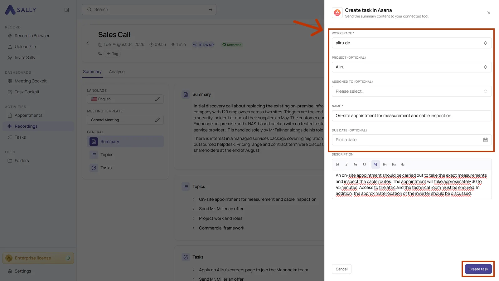 Create task in Asana panel with workspace, project, assigned to, name, due date, and description