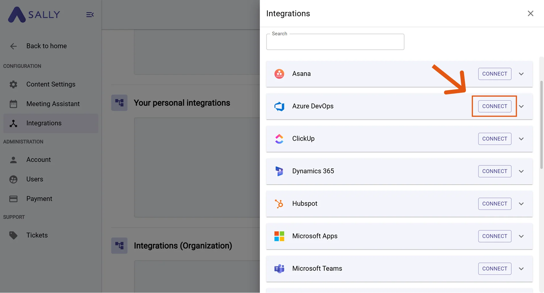 Azure DevOps in the integrations list with Connect button
