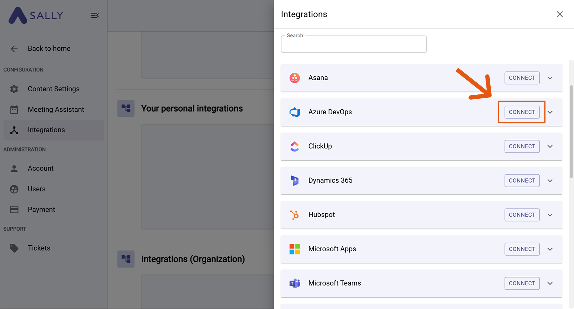 Azure DevOps in the integrations list with Connect button