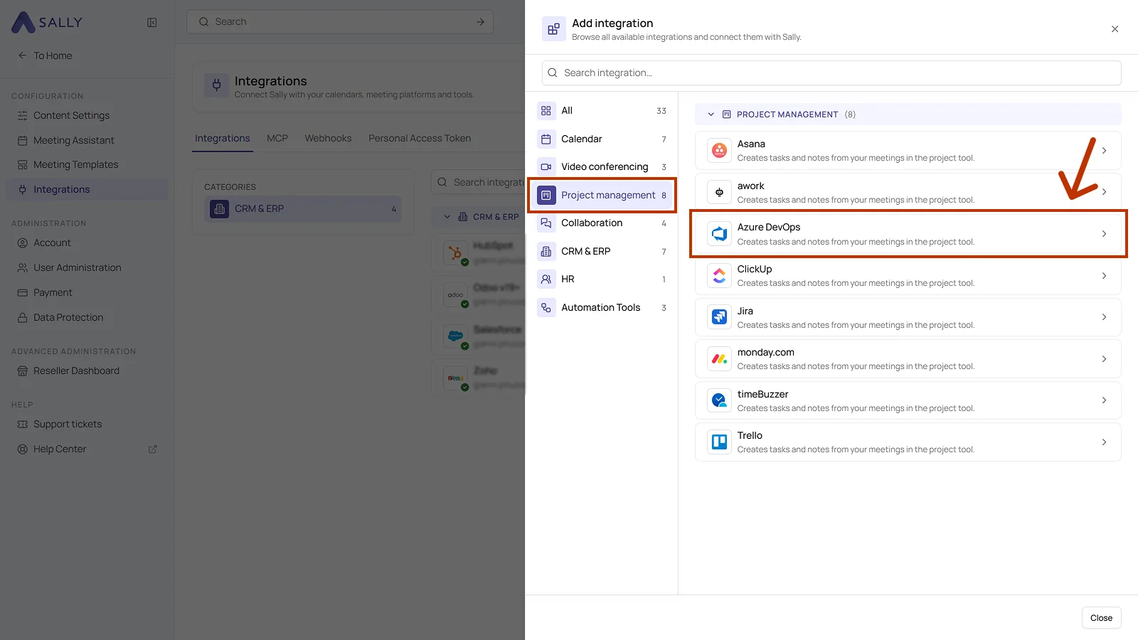 Add integration panel with the Project management category and Azure DevOps highlighted