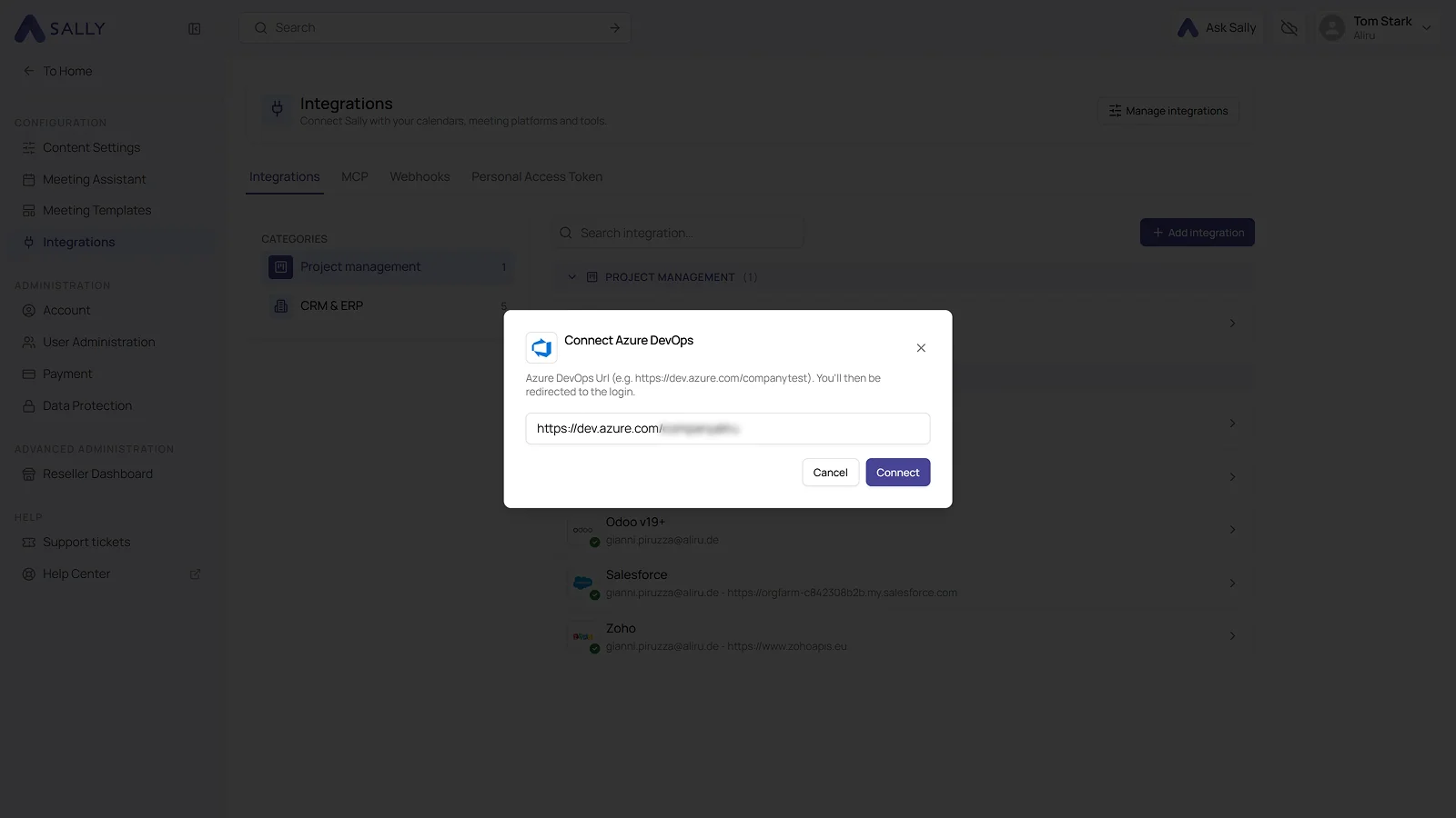 Connect Azure DevOps dialog with the field for the organization address