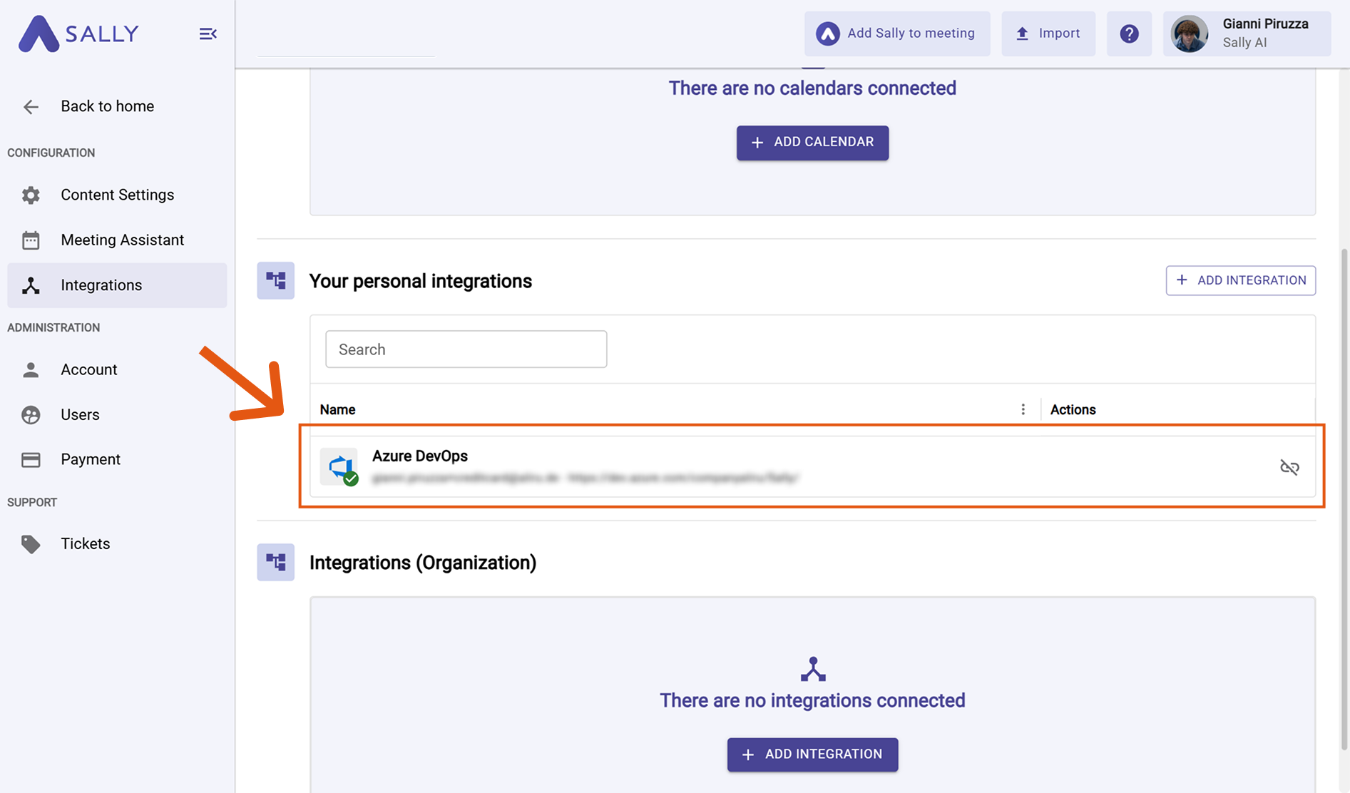 Azure DevOps listed under Your personal integrations