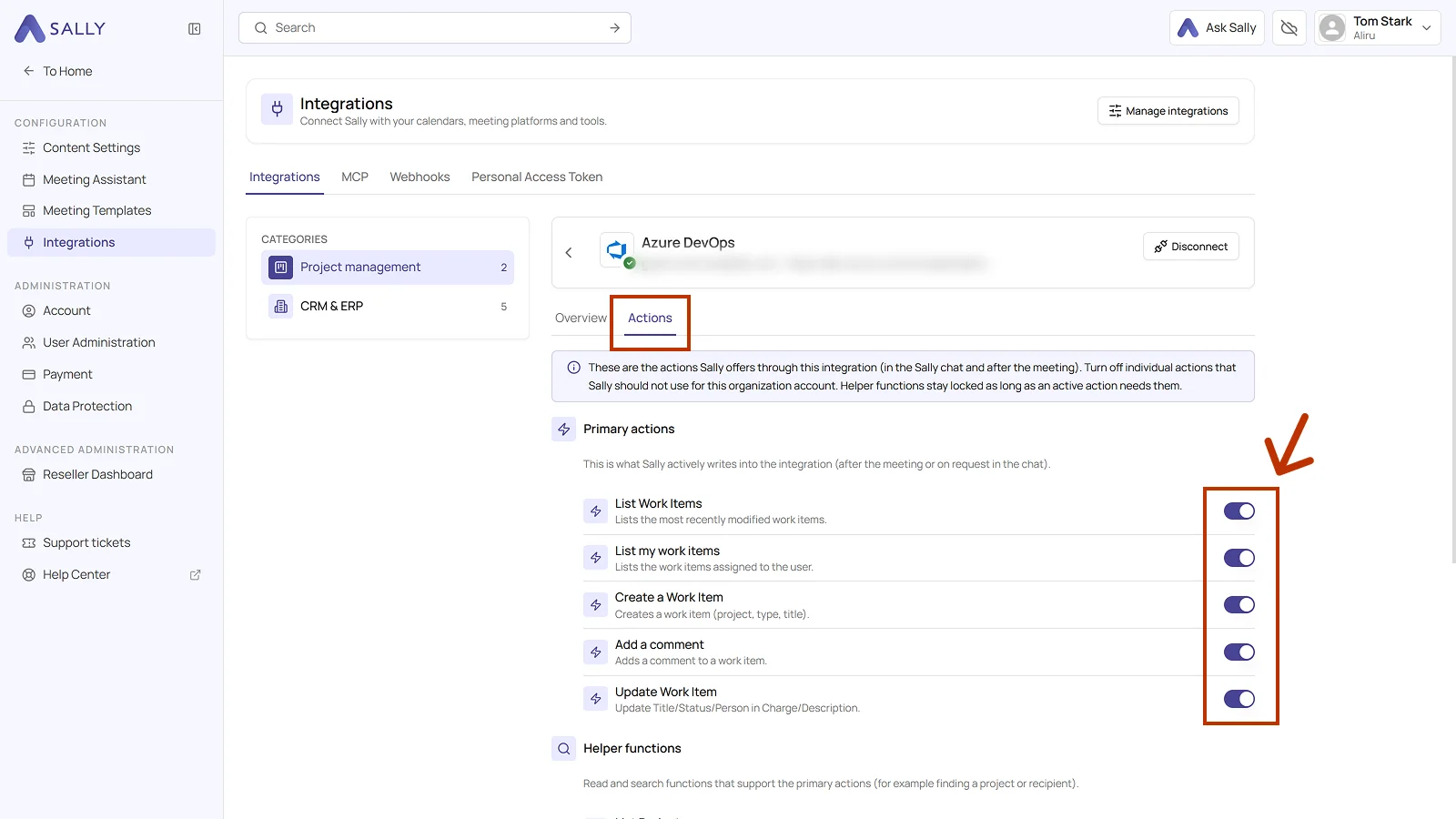 Actions tab of the Azure DevOps integration with the toggles for the primary actions