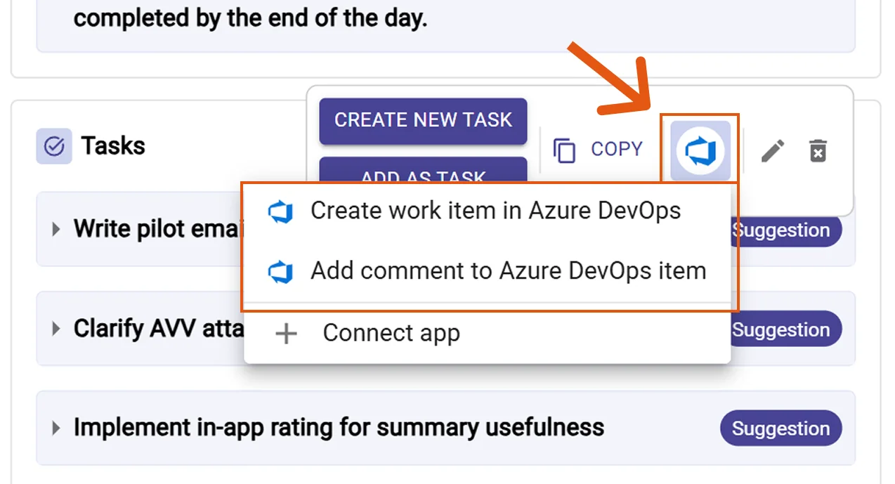 Azure DevOps action menu with Create work item
