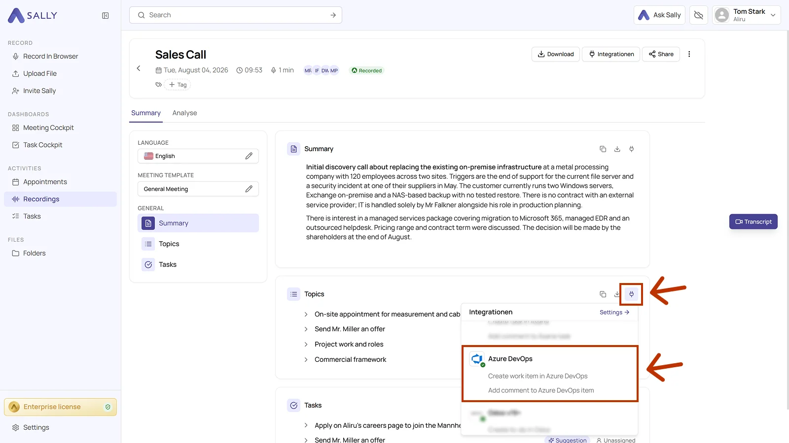 Meeting summary with the plug icon and the list of integrations, including Azure DevOps