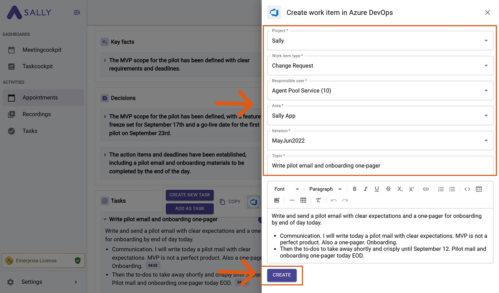 Create work item in Azure DevOps modal with fields Project, Work item type, Assignee, Area, Iteration