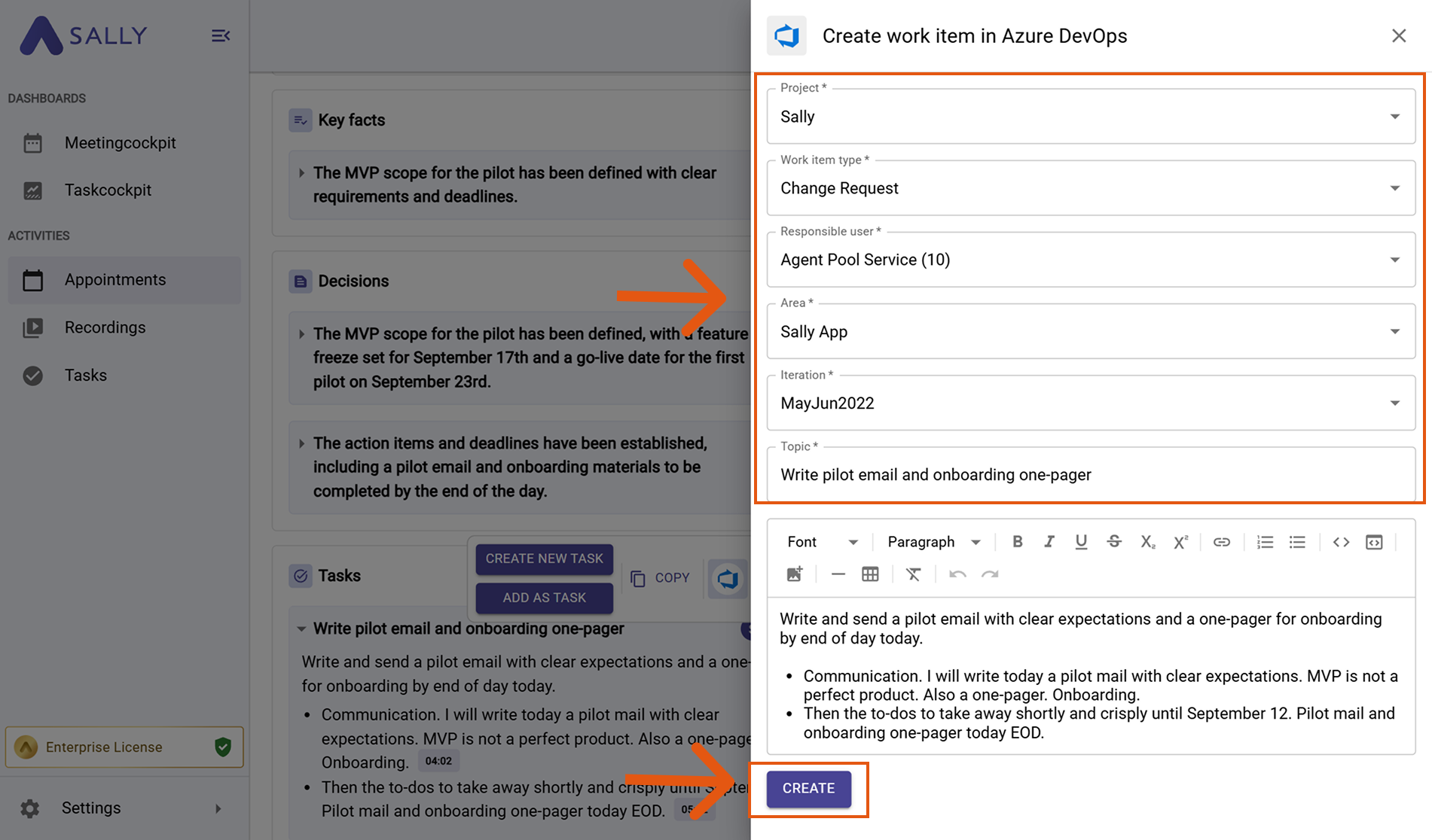 Create work item in Azure DevOps modal with fields Project, Work item type, Assignee, Area, Iteration