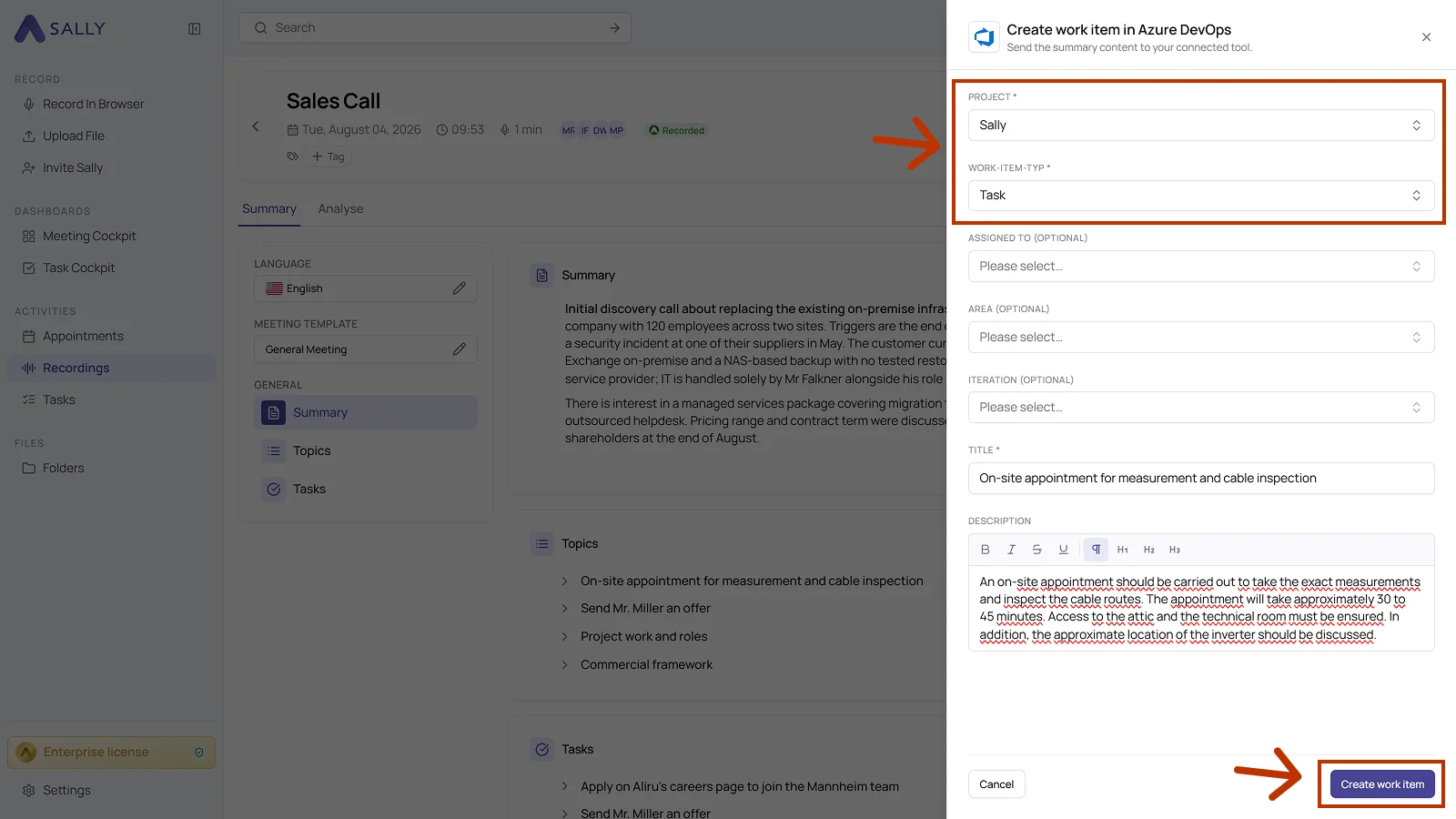 Create work item in Azure DevOps dialog with project, work item type, title, and description