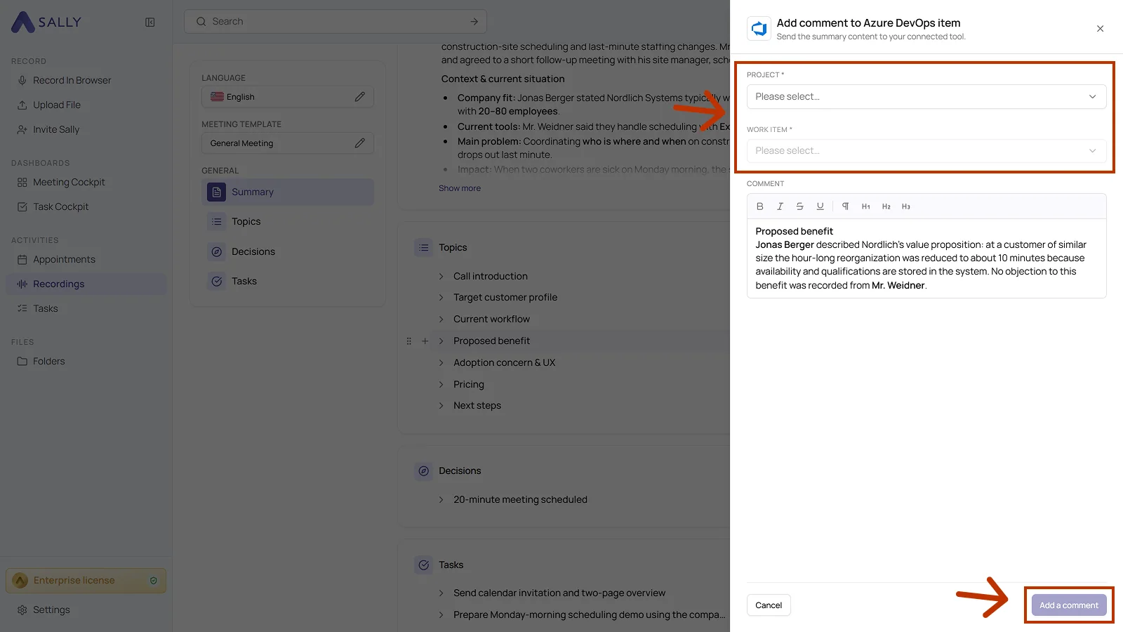 Add comment to Azure DevOps item dialog with the project, work item, and comment fields
