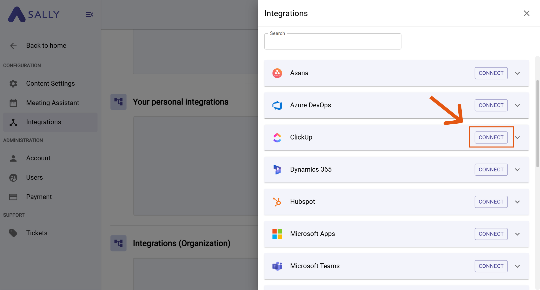 ClickUp in the integrations list with Connect button