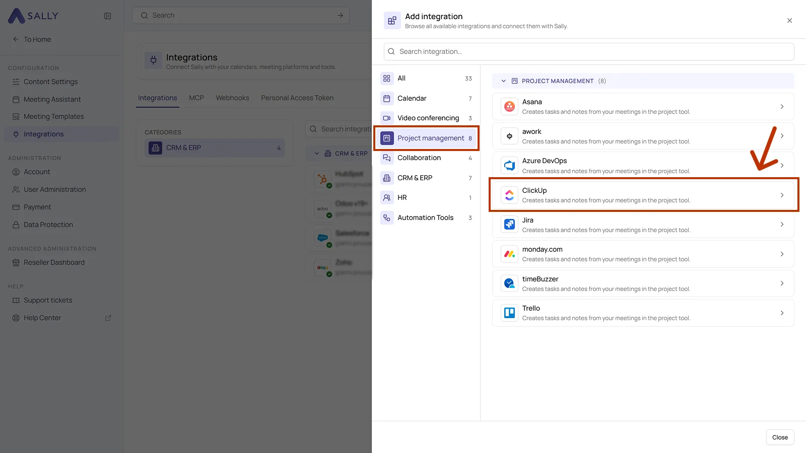 Add integration panel with the Project management category and ClickUp highlighted