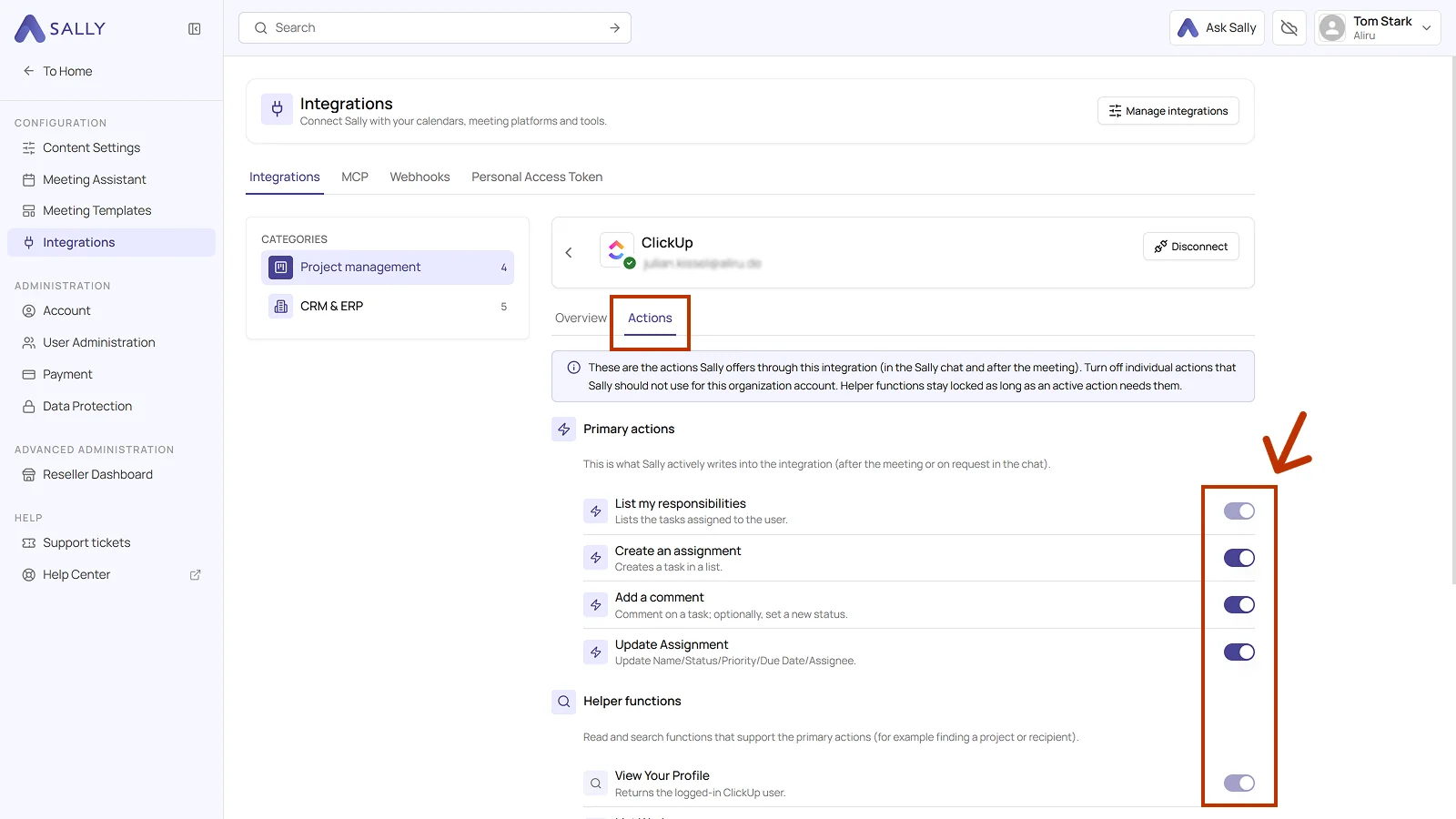 Actions tab of the ClickUp integration with the toggles for the primary actions