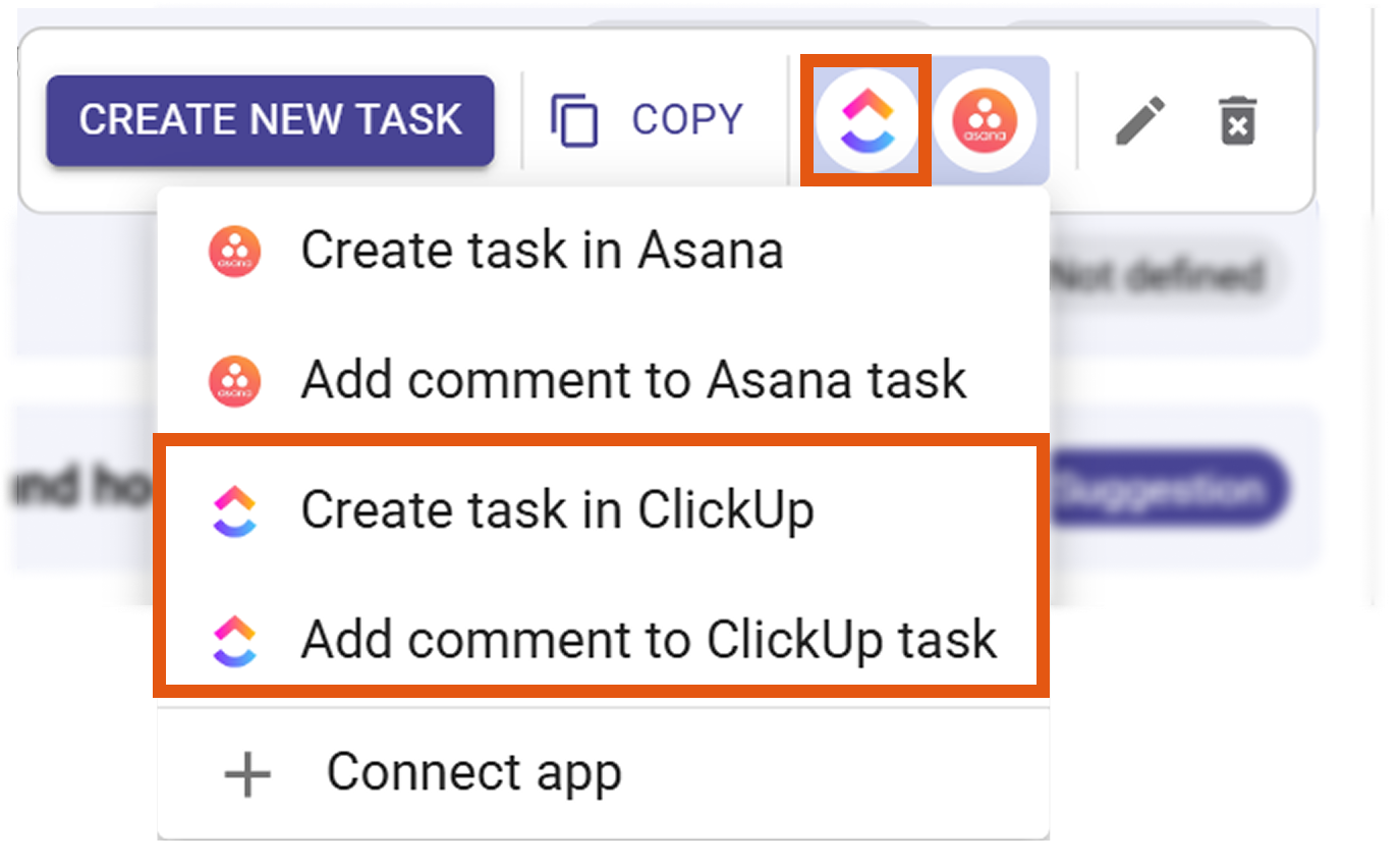 ClickUp action menu on hover with Create task / Add comment