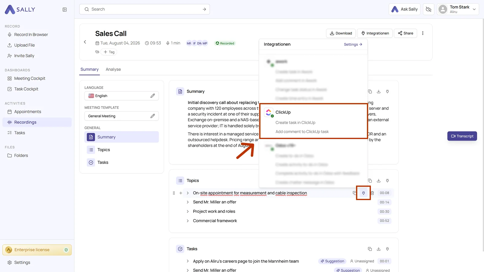 Meeting summary with the plug icon and the list of integrations, including ClickUp