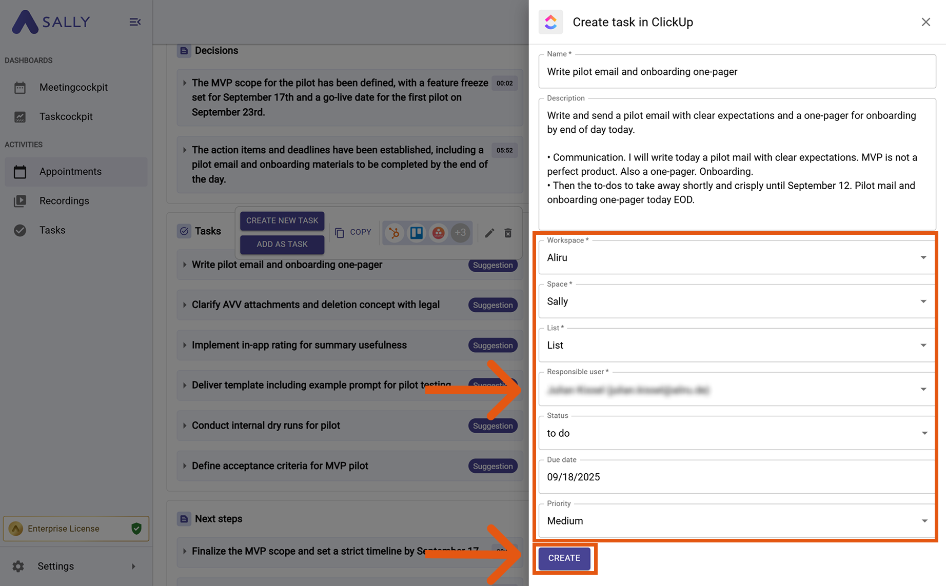 Create task in ClickUp modal with Workspace, Space, List, Assignee, Status, Due date, Priority