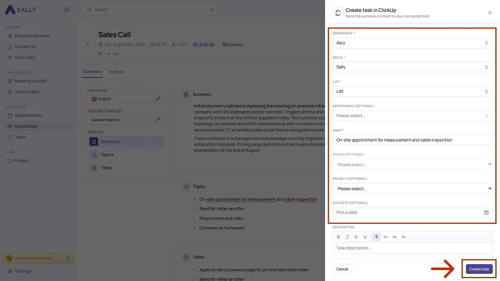 Create task in ClickUp dialog with workspace, space, list, name, and description