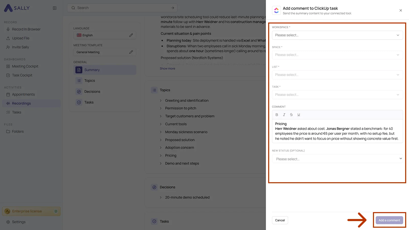 Add comment to ClickUp task dialog with workspace, space, list, task, comment, and new status