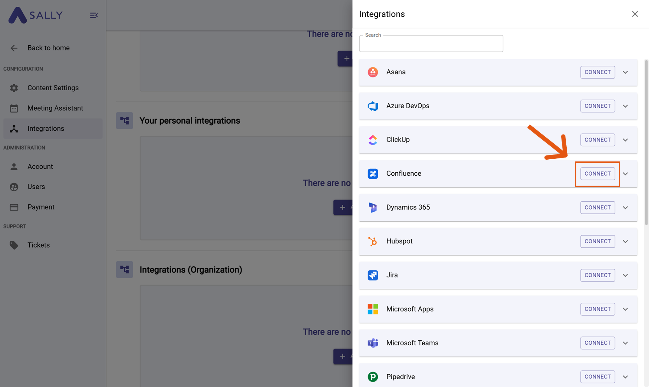 Confluence in the integrations list with Connect button