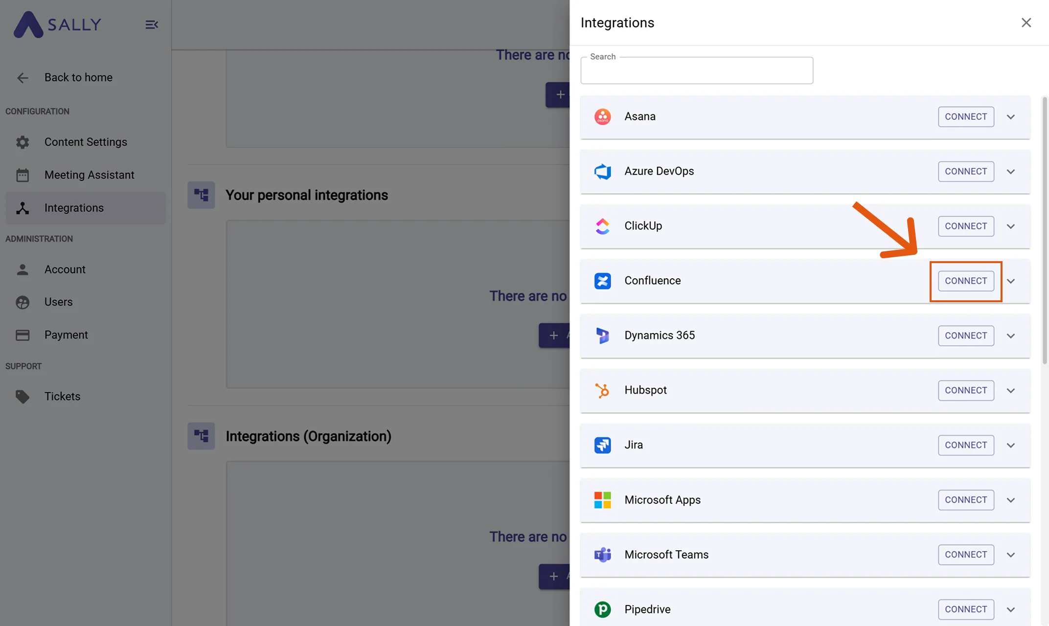 Confluence in the integrations list with Connect button