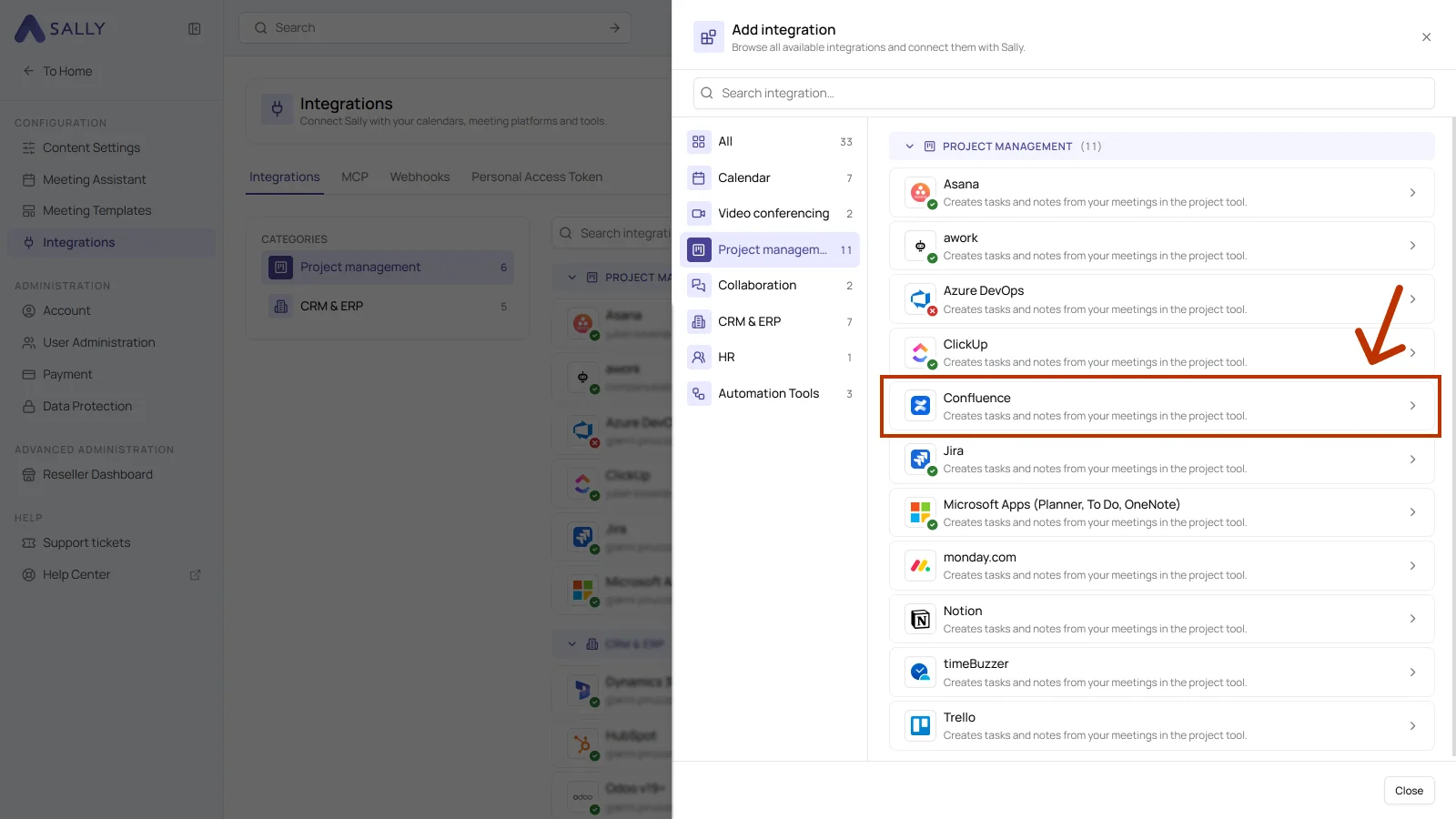 Add integration panel with the Project management category and Confluence highlighted