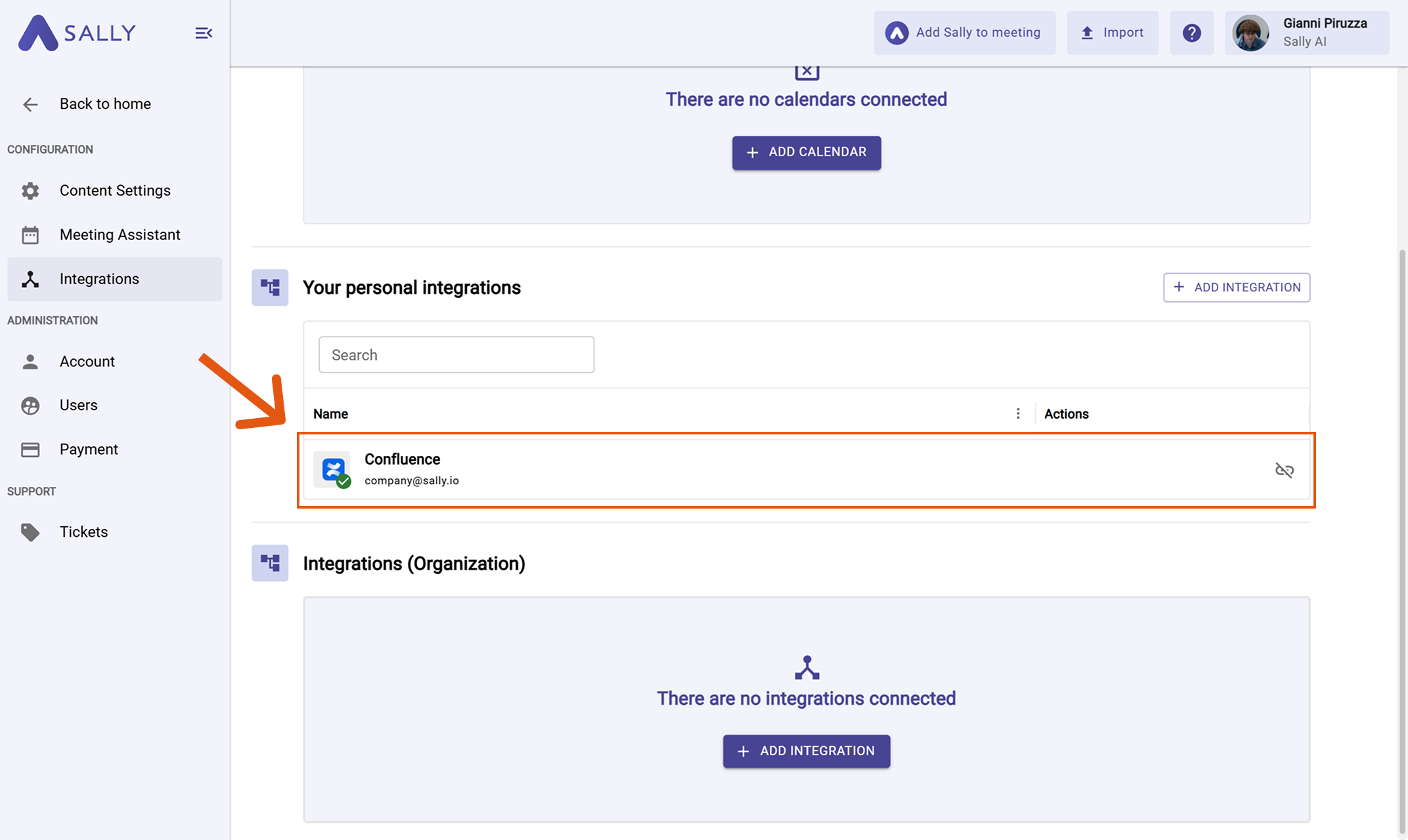 Confluence listed under Your personal integrations
