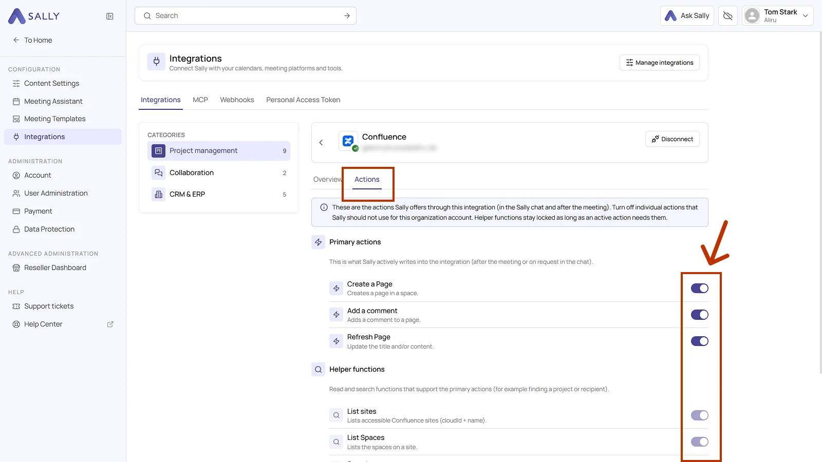 Actions tab of the Confluence integration with the toggles for the primary actions