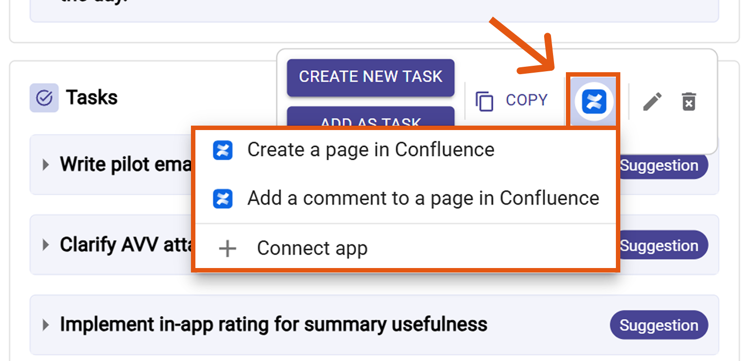 Confluence action menu on hover with Create page / Add comment